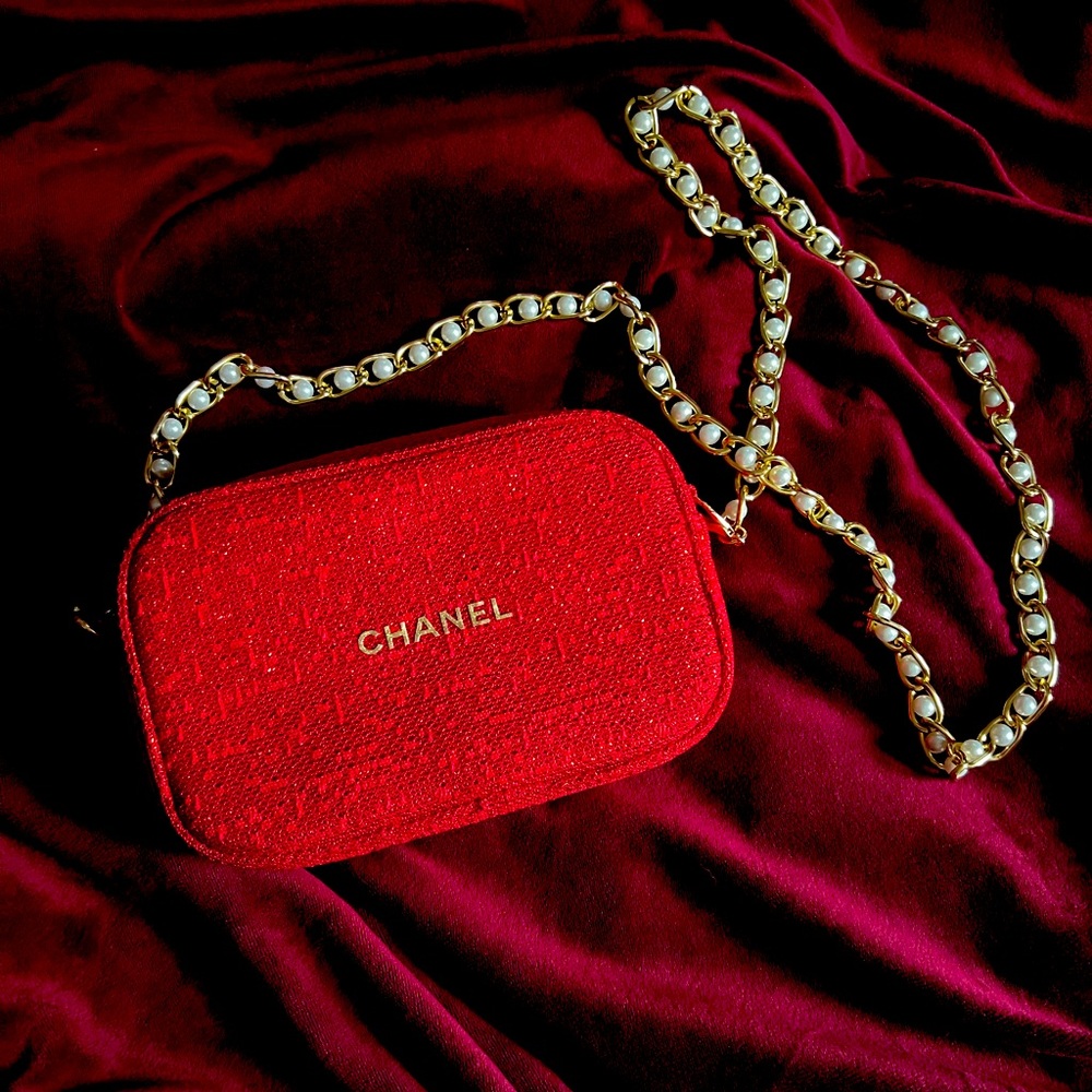 Chanel Red Cosmetic Bag/Pouch 2021 Collection with Pearl Strap